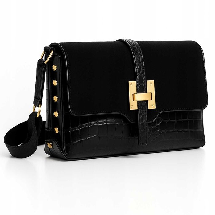 Torebka Damska Listonoszka Na Ramię Czarna Skóra Ekologiczna Zamsz