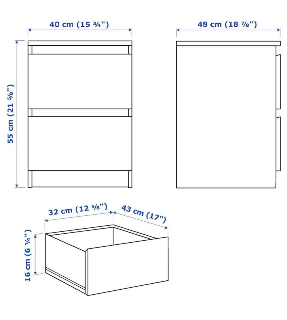 Прикроватная тумбочка, 2 ящика, белая,40х55 см. IKEA,