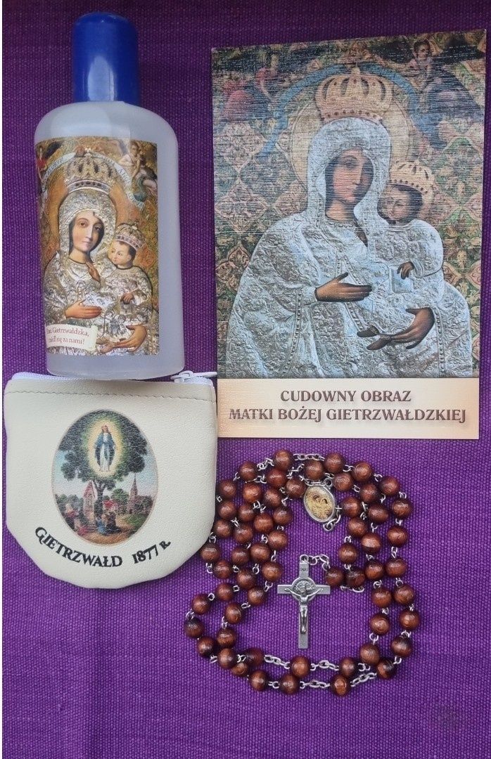 Różaniec z wizerunkiem Matki Bożej z Gietrzwałdu + woda ze żródełka +o