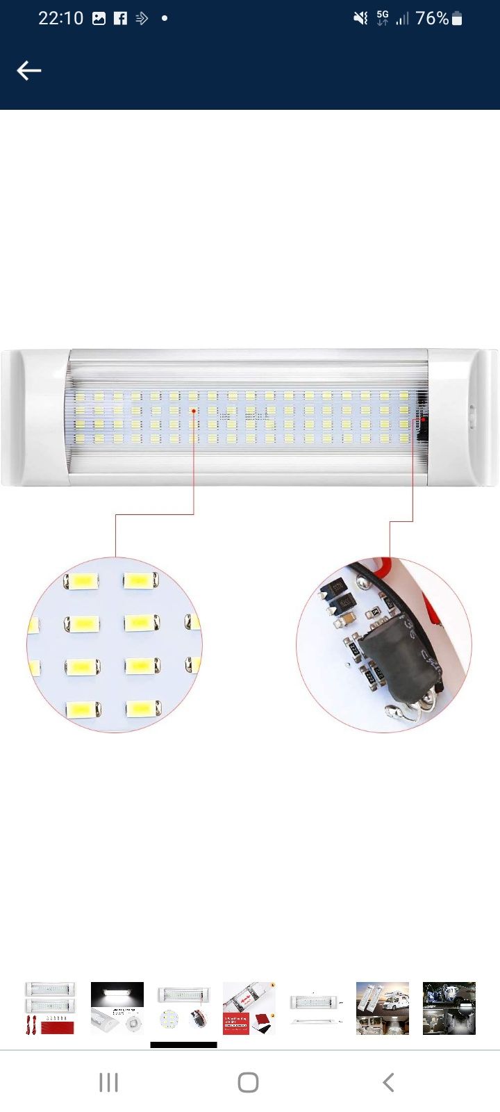 Plafond Led retangular 12V com interruptor (Autocaravana / Campervan)
