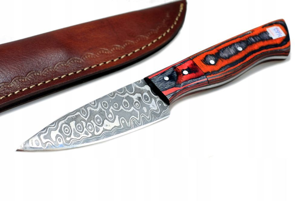 Nóż ręcznie wykonany bushcraft survival stal damasceńska skórzane etui