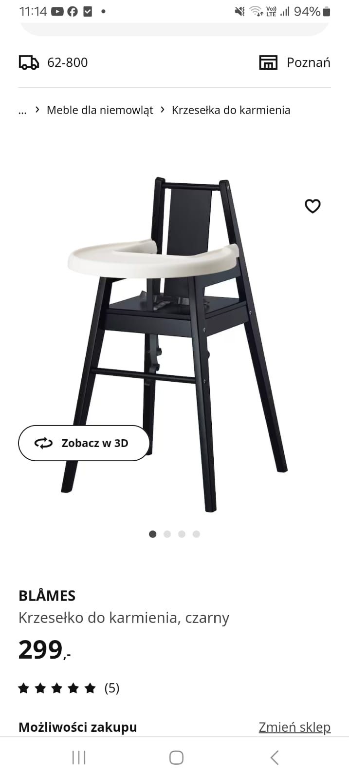 Czarne drewniane krzesełko do karmienia Ikea blames