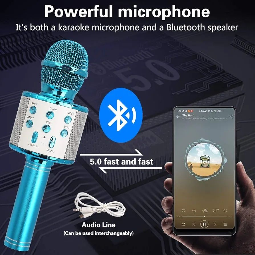 Mikrofon do karaoke, bezprzewodowy mikrofon Bluetooth ze światłem LED,