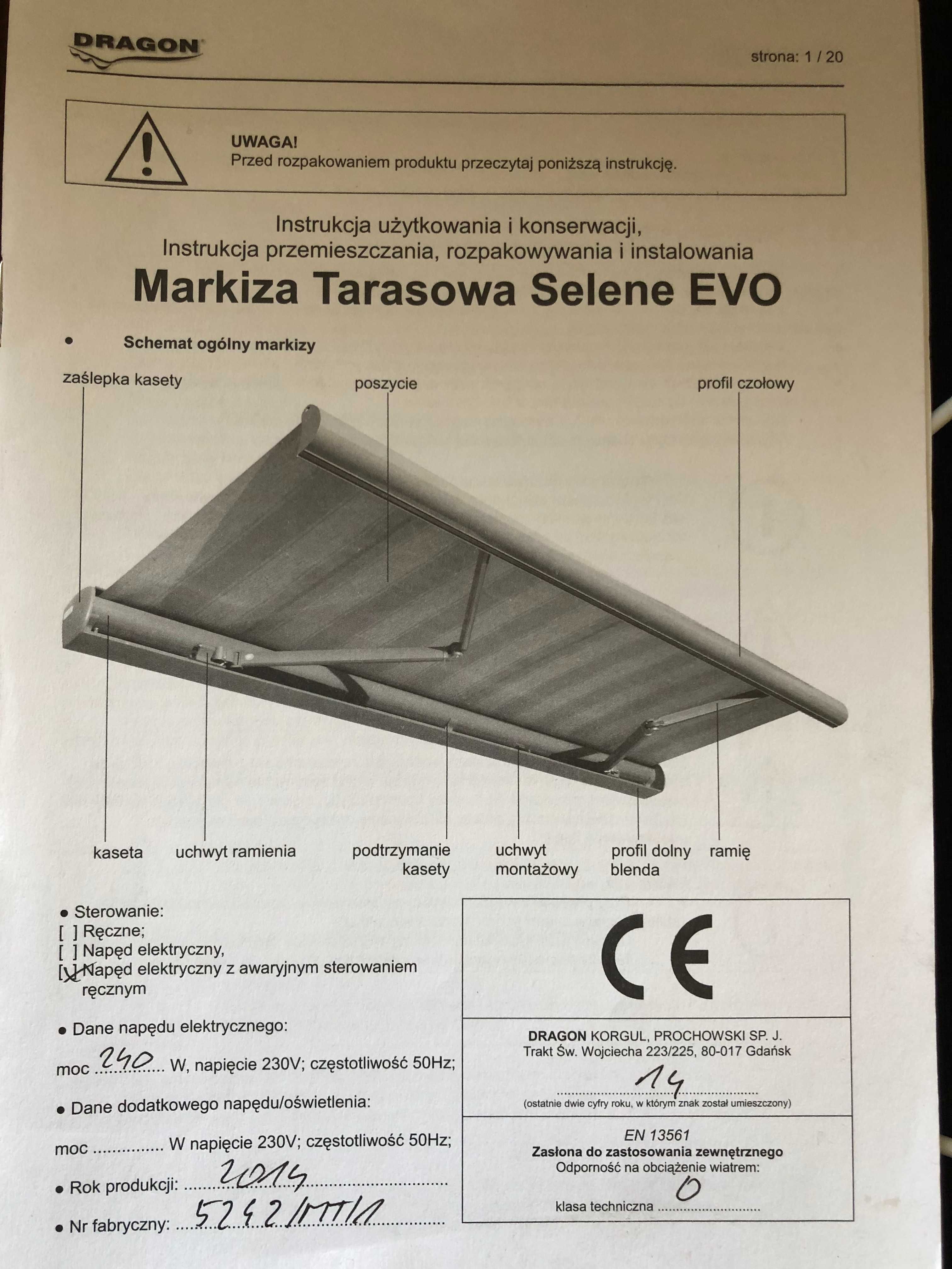 Markiza tarasowa Selene EVO - sprzedam