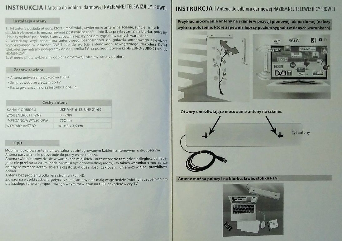 DVBT Terrestrial, antena pokojowa, skuteczna do 15 km od nadajnika