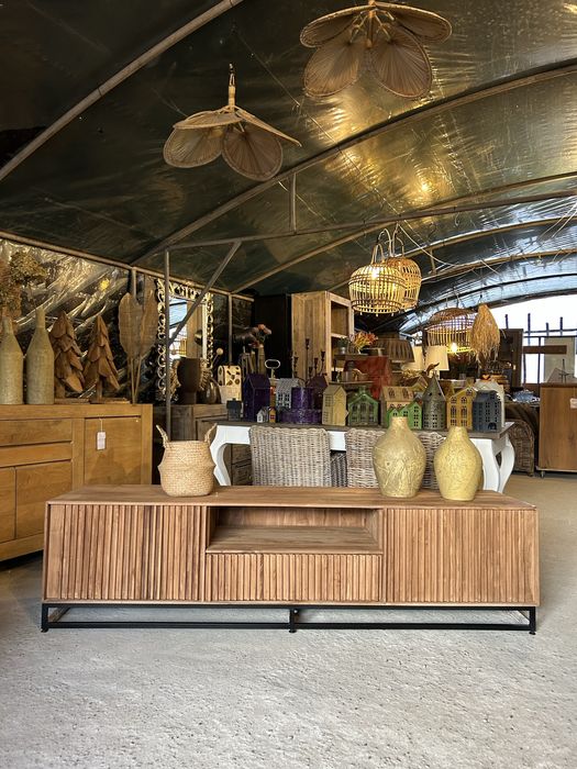 Komoda drewniana teak 200cm JAPANDI szafka pod tv rtv ryflowana