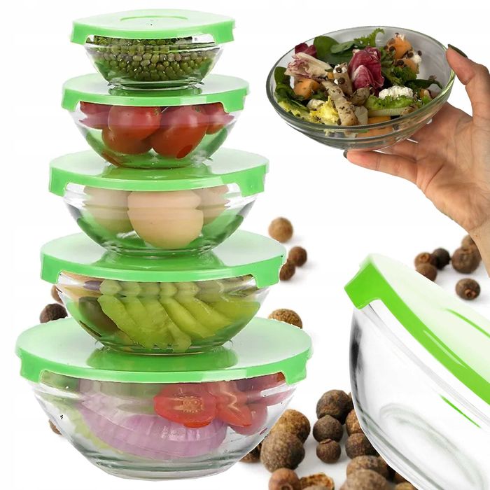 Miski szklane z pokrywkami 5 sztuk różne rozmiary miseczki sala f