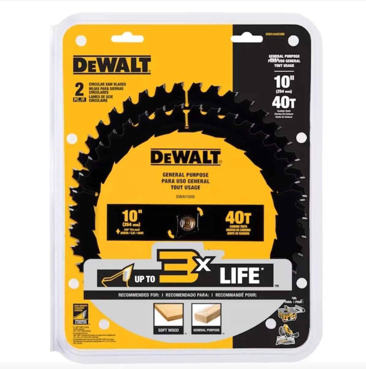 ДИСКИ, Пильні полотна DEWALT, 10 дюймів, 40 зубів, (2 шт.)