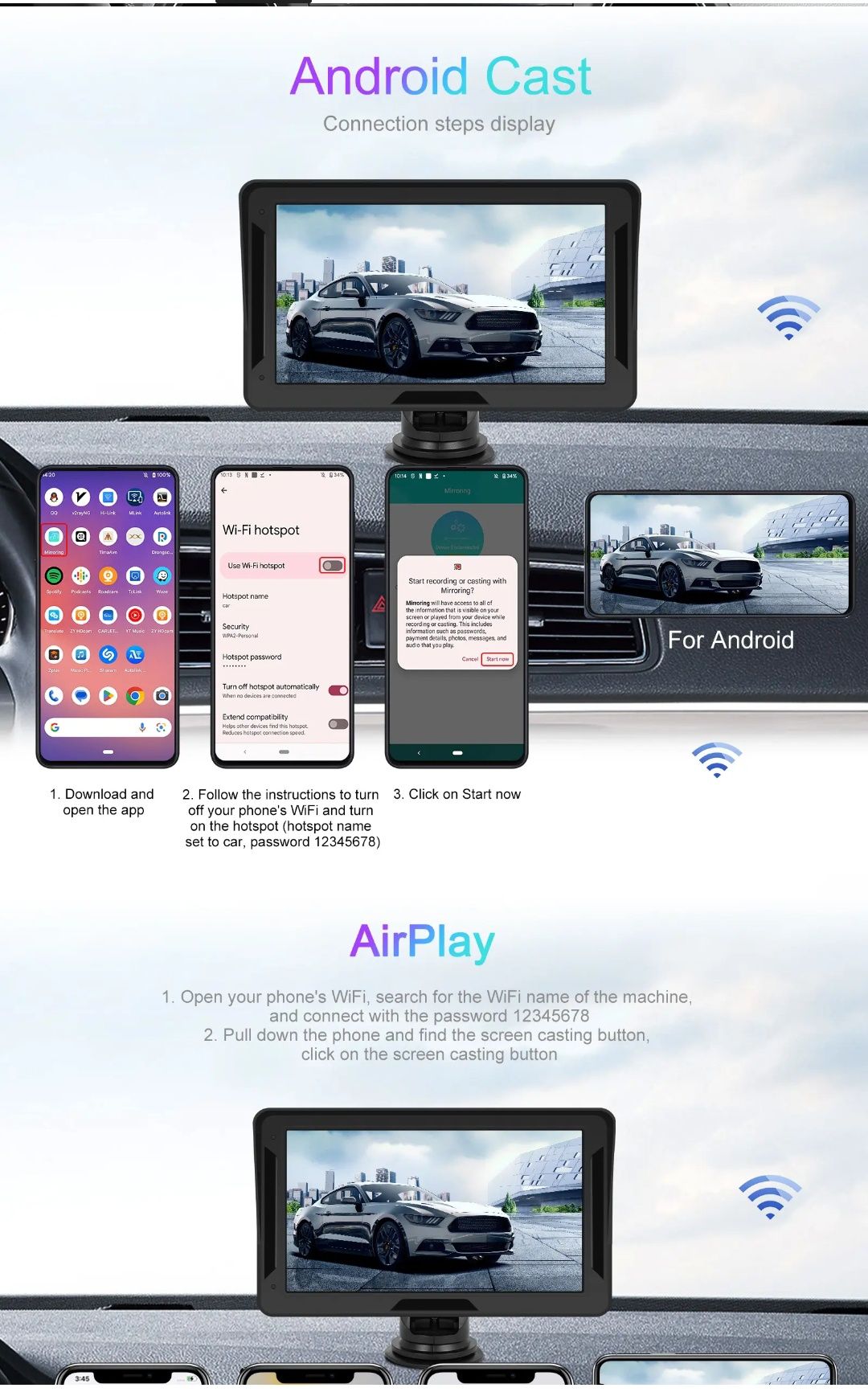 Monitor portátil Carplay e Android Auto wireless 7 polegadas FM BT