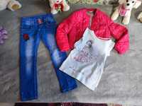 Zestaw ubrań;spodnie jeans,bluzka,kurtka r.122/128