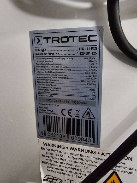 90м².Німецький осушувач повітря/осушитель воздуха Trotec TTK171ECO