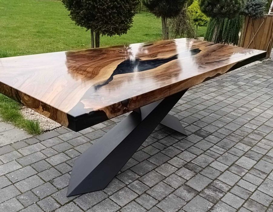 Nowoczesny stół do jadalni orzech włoski żywica dostawka #42