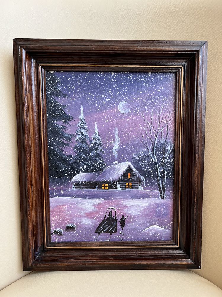 Картина "Зимова сніжна ніч" олія полотно українська хата