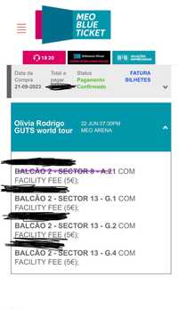 1 bilhete dia 22 Olivia Rodrigo - GUTS TOUR