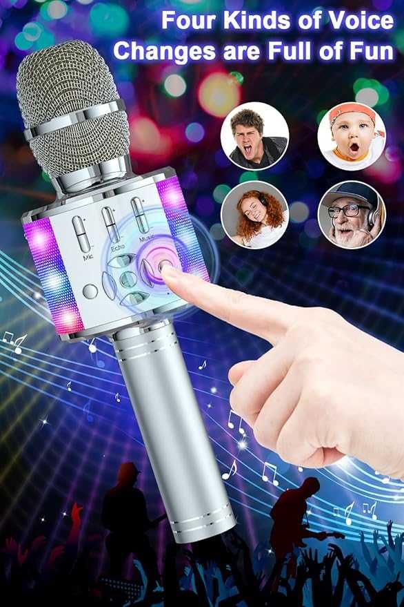 Mikrofon do karaoke Bluetooth echo LED głośnik iOS Android srebrny