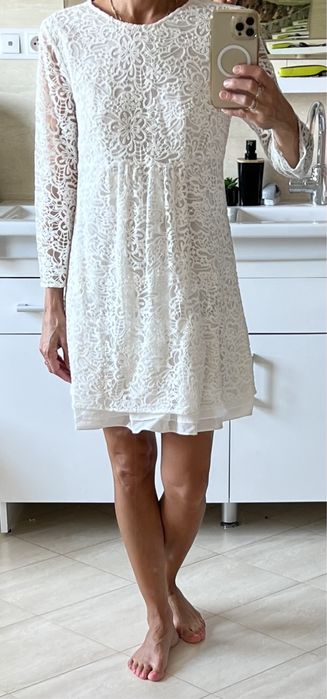 Zara cudna koronkowa sukienka mini elegancka ecru tiulowa