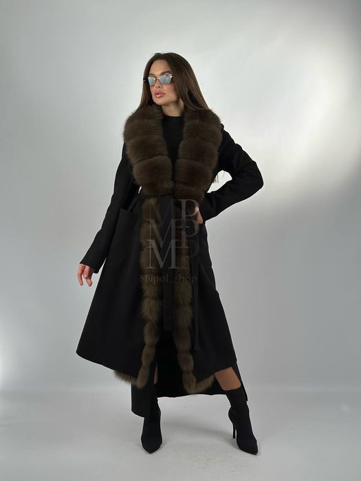 Женское чёрное пальто с натуральным мехом песца, 115 см, 42-54 размеры