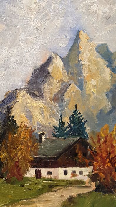 Obraz olejny na płótnie " Dom w górach " drewniana rama wym. 60x70 cm.