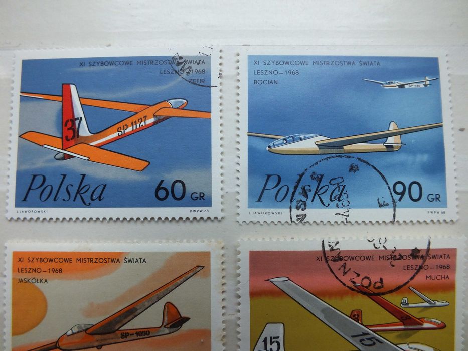 6szt. znaczki pełna seria Fi1699 Polska 1968r. LOTNICTWO Szybowce klej