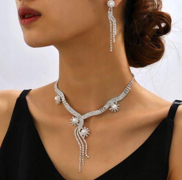 Komplet Biżuterii Perły Kolczyki Naszyjnik Ślub Srebrny Cyrkonie B5