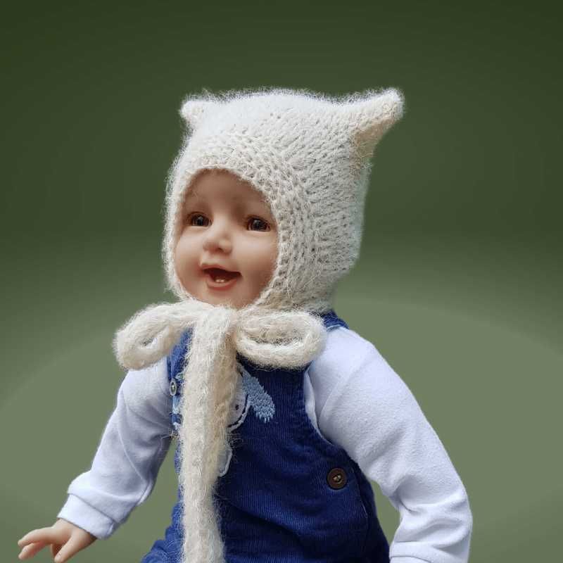 Czapka KOT kitty biała 50/52 alpaka/merynos ciepła
