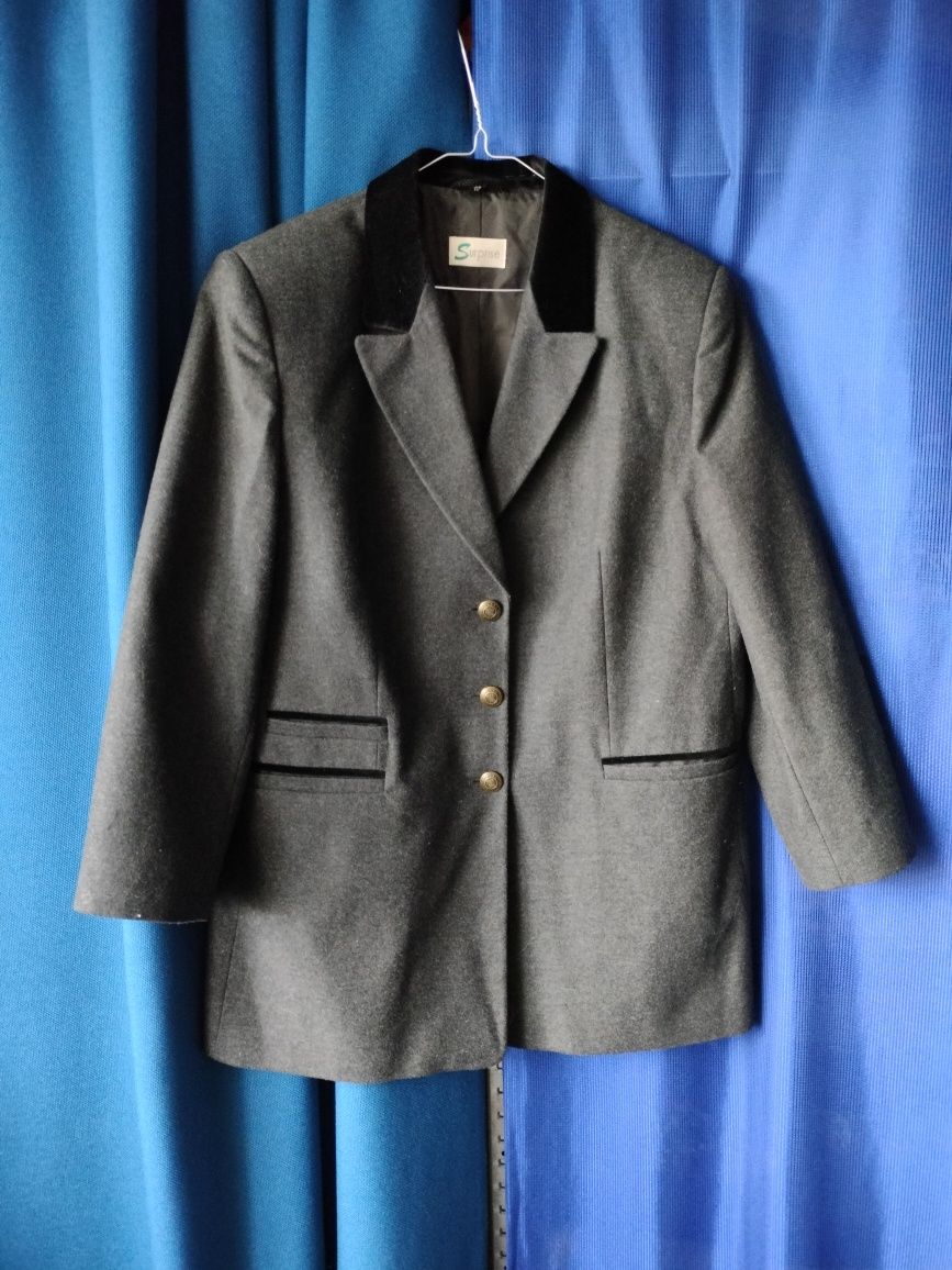 Płaszcz z wełny ciemno szary z kołnierzem na guzki damski XL