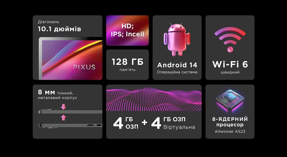 Планшет Pixus Loga 10,1 HD IPS EyeCare 4+4/128GB Wi-Fi 6000 mAh графіт