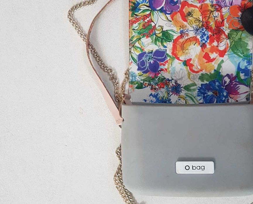 Torba O bag Mini szaro różowa  na łańcuszku.