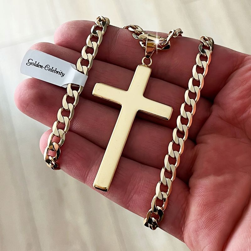 Złoty Gruby Łańcuszek Męski Z Krzyżem 18k Stal Chirurgiczna + Grawer 6