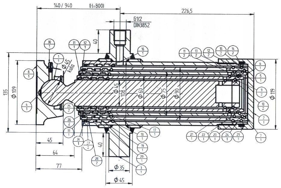Siłownik hydrauliczny o skoku 800 mm wraz z gniazdem TELESKOP [2855]