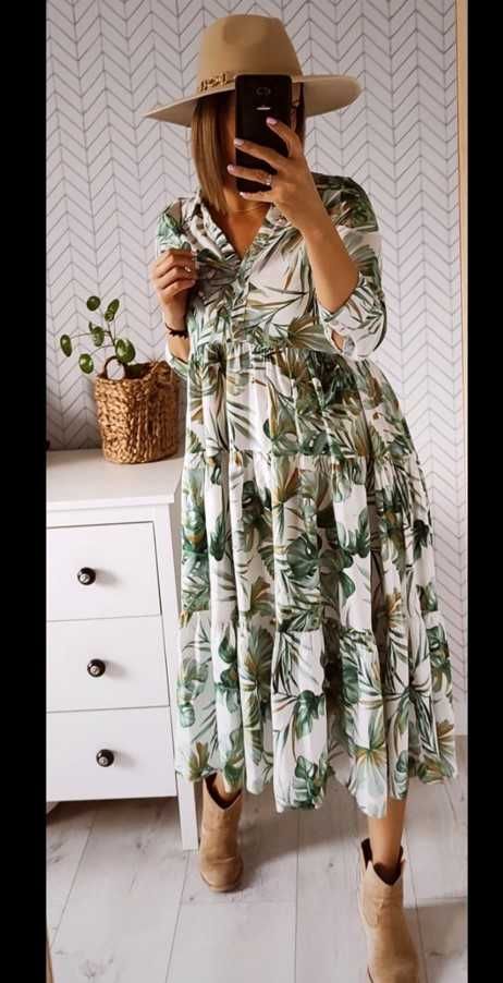 Reserved sliczna dluga maxi boho sukienka  w kwiaty L