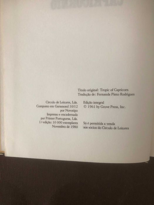 Livro Trópico de Capricórnio, Henry Miller