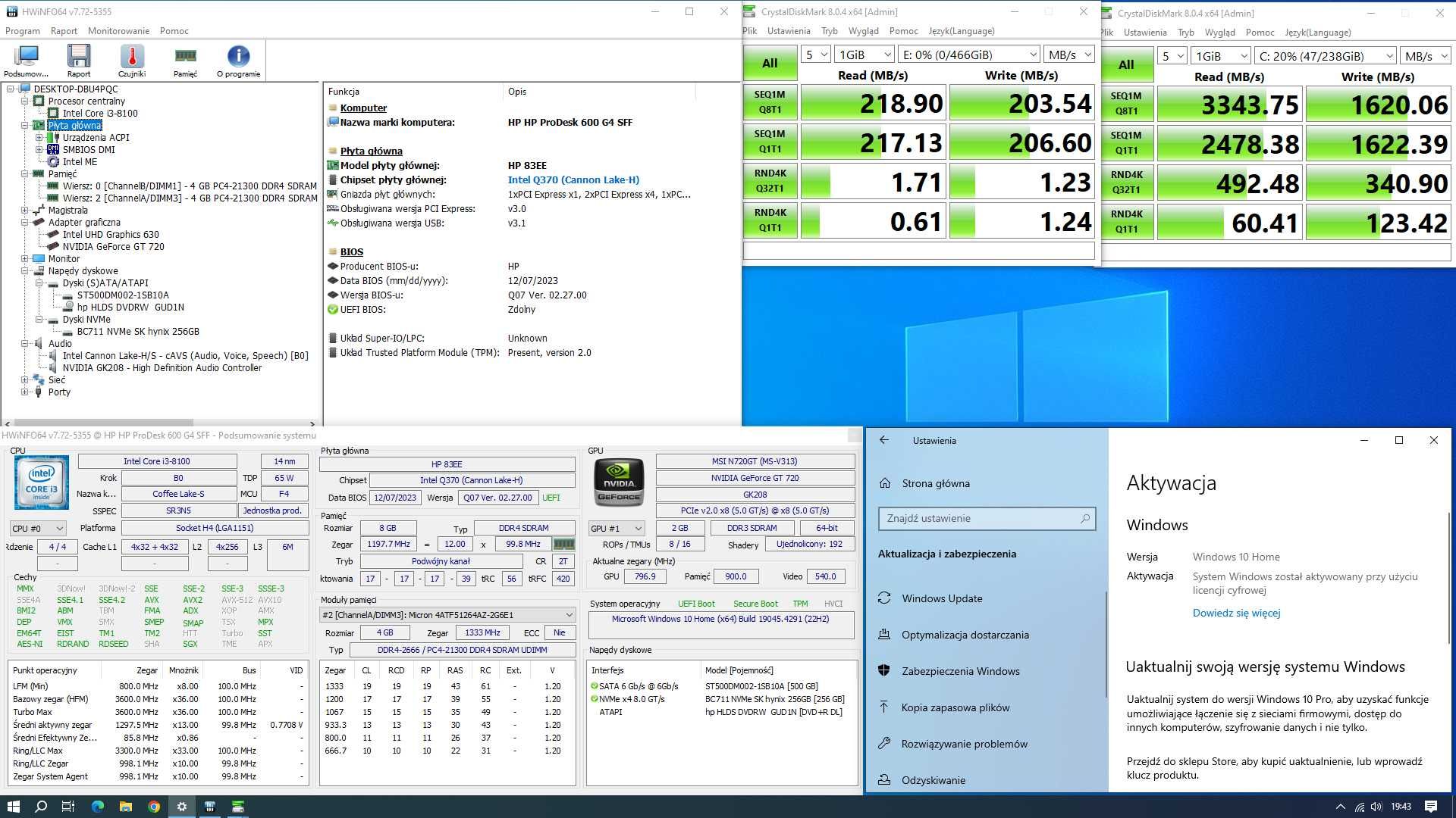 HP ProDesk 600 G4/Nvidia/NVMe 256GB/HDD 500GB/i3-8100/8GB/Win10