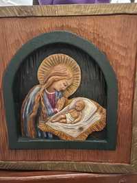 Drewniana obraz rzeźba Matki Bożej z dzieciątkiem Jezus