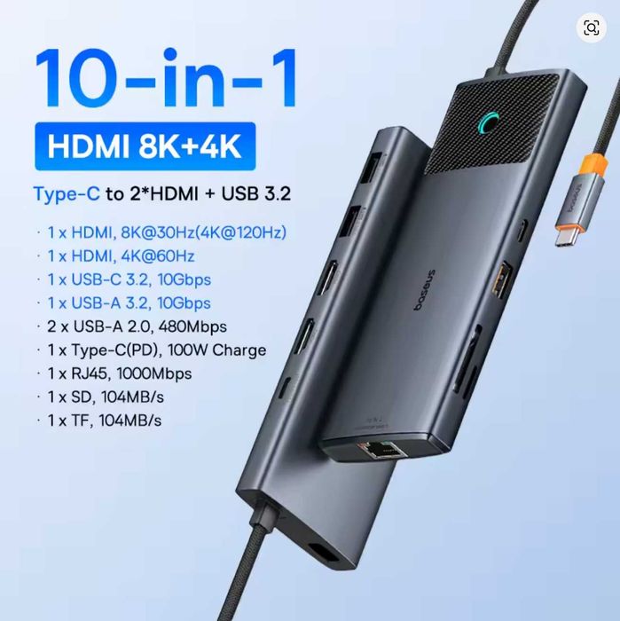 USB Hub Baseus USB C HUB Dual HDMI 8K 4K Adapter 10-in-1 USB 3.2