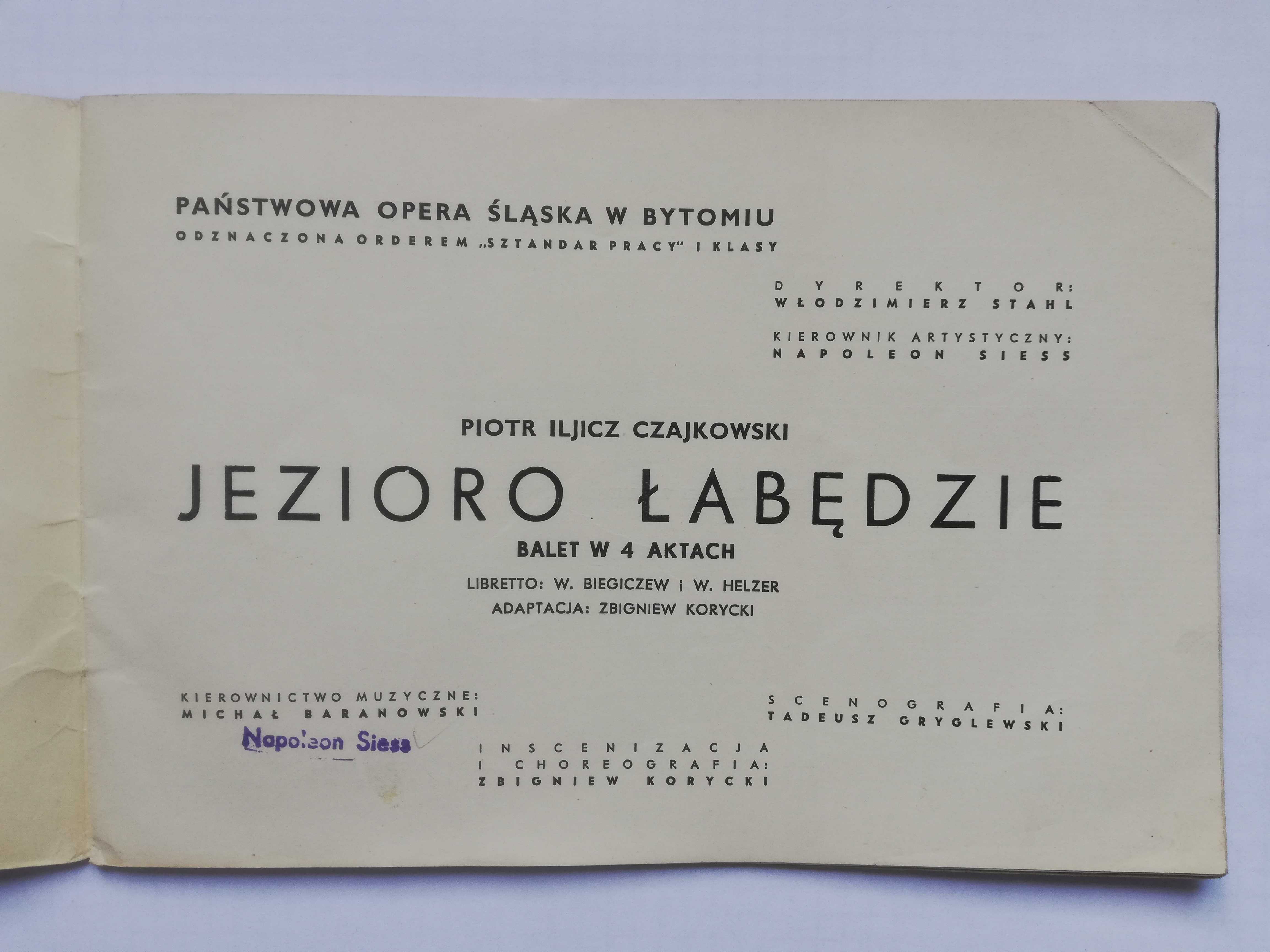 Program baletu ,,Jezioro Łabędzie " POŚl w Bytomiu -1963