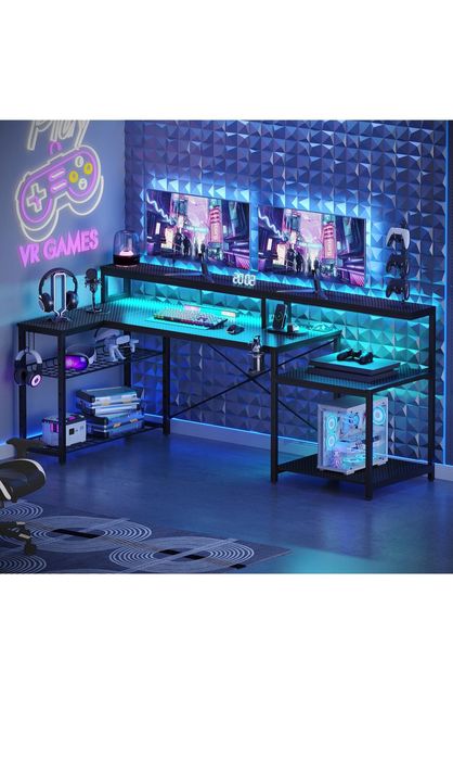 Biurko gamingowe narożne L 181x80 cm z półką na monitor, 3 gniazdka AC