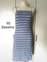 Błękitna dłuższa sukienka na ramiączka bawełna paski dopasowana błękit