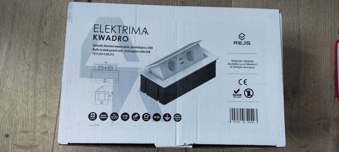 Gniazdo chowane w blat, białe, podwójne, 2x USB