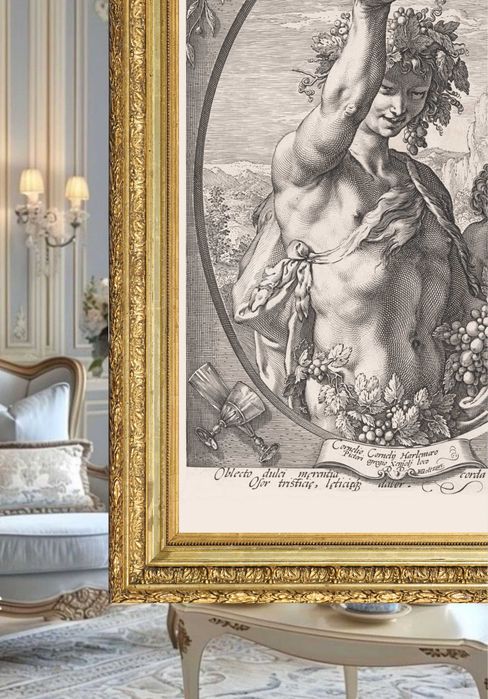 XVIII wieczny miedzioryt z Bachusem, wymiar 69cm x 99cm.