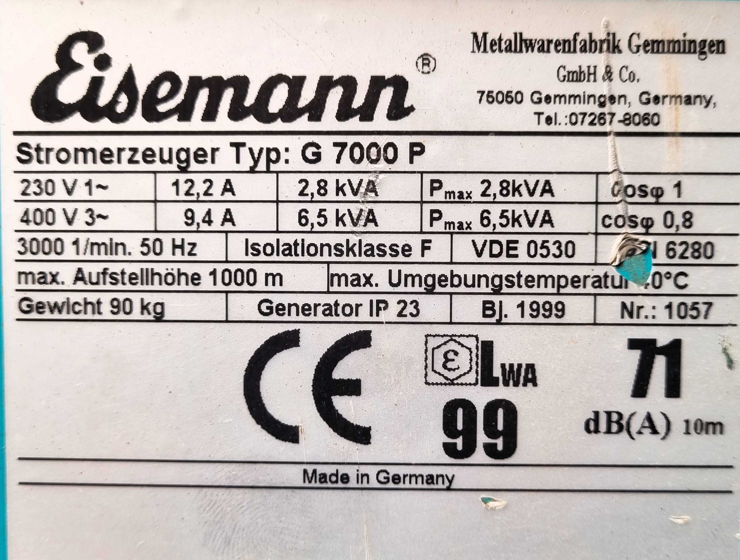 Agregat prądotwórczy Eisemann G 7000 P