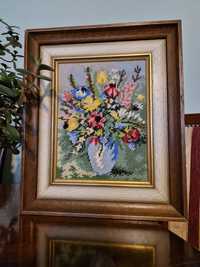 Obraz w drewnianej ramie haftowany kwiaty prezent