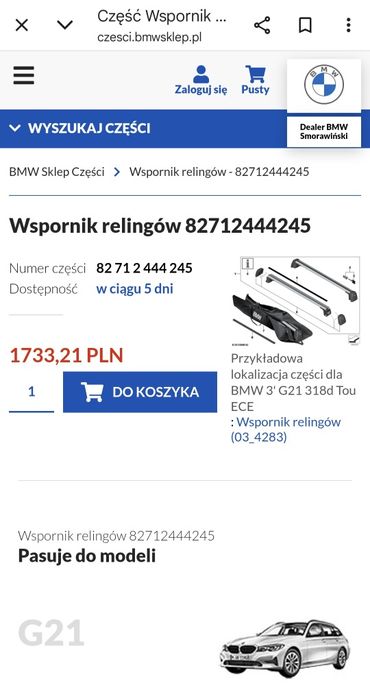 Bagażnik dachowy bmw 3 g21 oem belki poprzeczki bazowe relingi thule