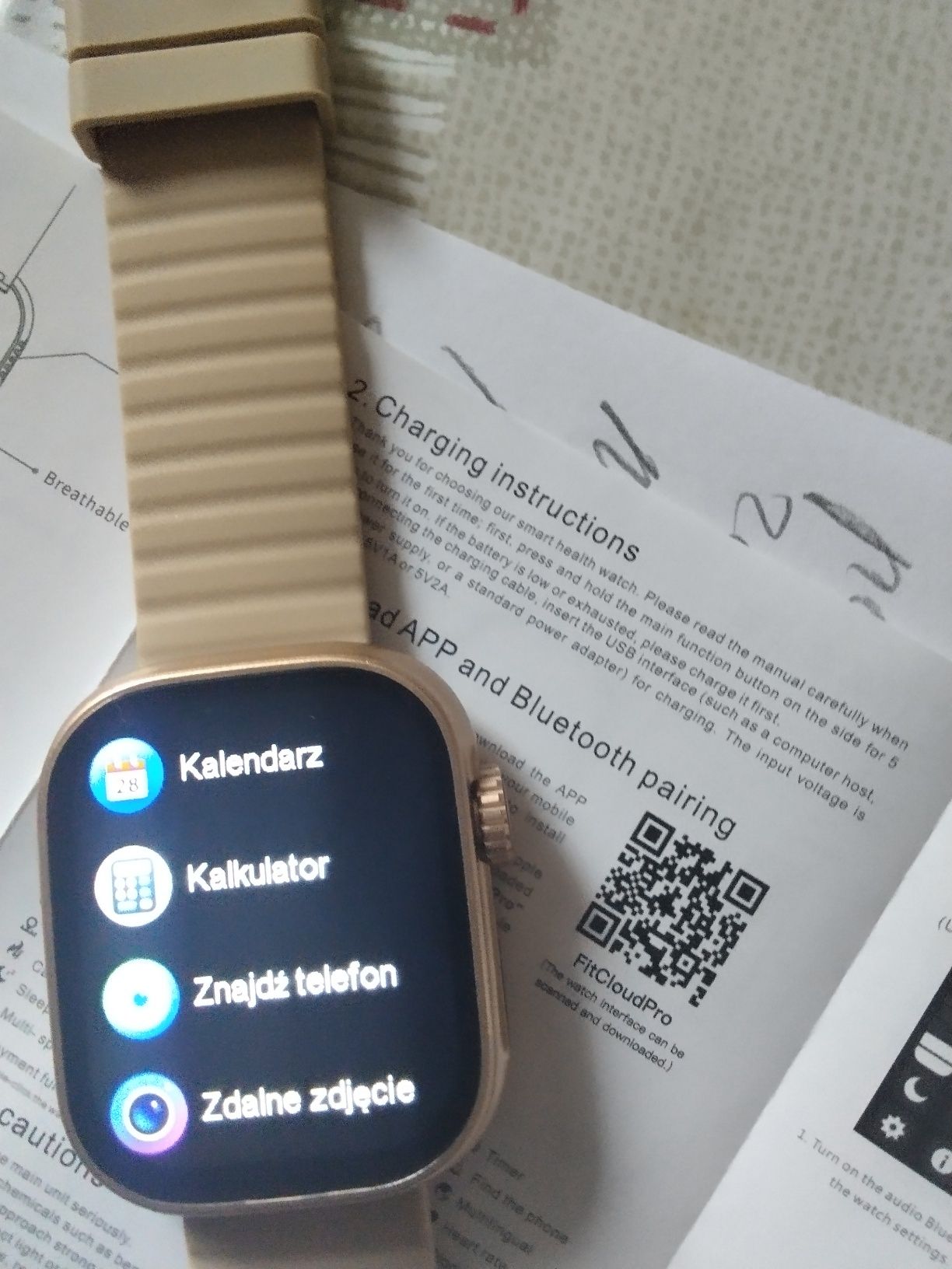 Smart watch SENBONO złoty, morelowy pasek, język polski,mocną bateria