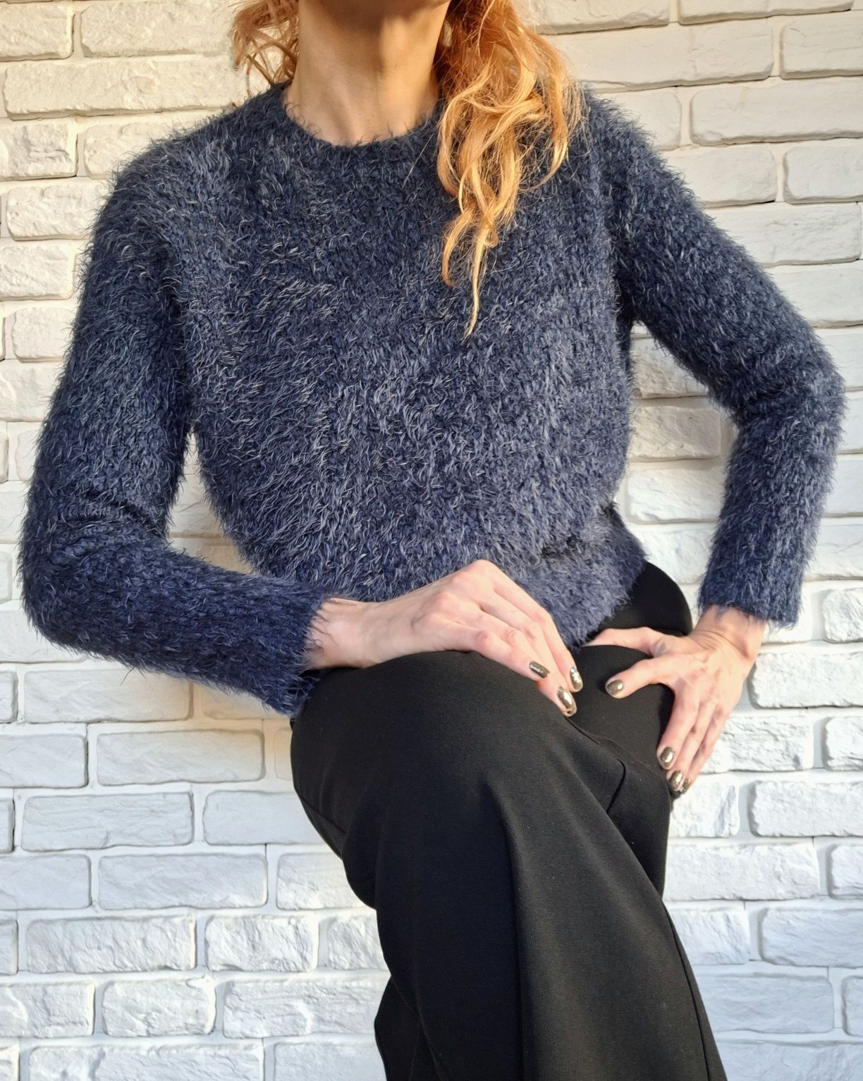 Granatowy Sweterek Mango S Puszysty Sweter Krótki Pluszowy Vintage
