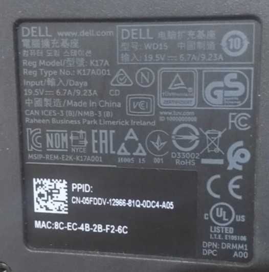 Достанция для ноутбуков (Dell WD15, K17A001) с блоком питания 180 ватт