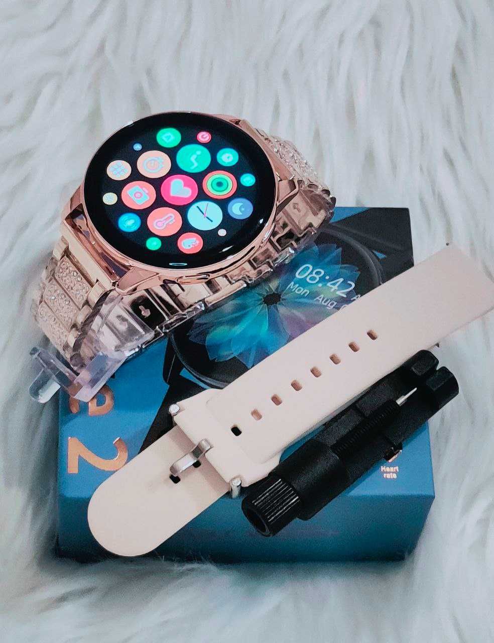 Nowy Smart Watch T2Pro z Okragla Tarcze Damski Zloty Pasek