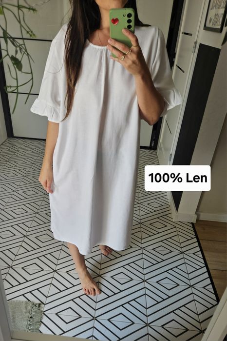 Letnia Lniana biala sukienka damska 100% len XL z rękawem włoska
