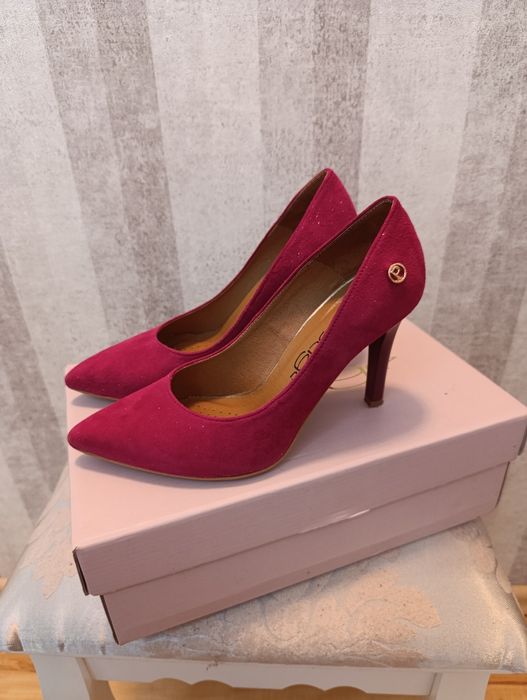 Szpilki skóra naturalna skórzane 36 burgund fuksja Emis Neścior zamsz