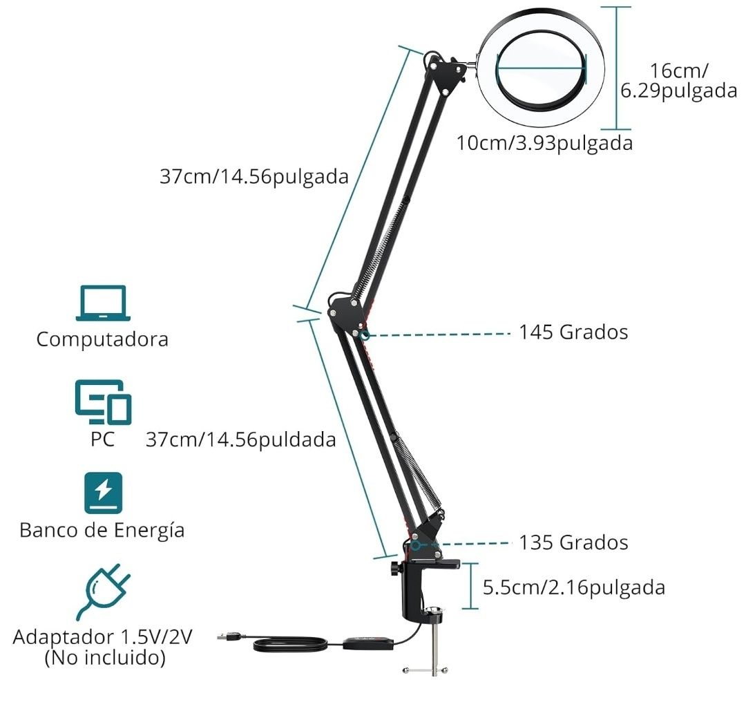 Candeeiro com lupa 8x e iluminação LED de 74cm